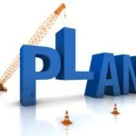 Construction site crane building a blue 3D text. Part of a series.