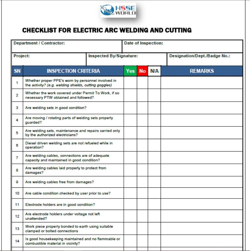 Electric Arc Welding and Cutting Checklist