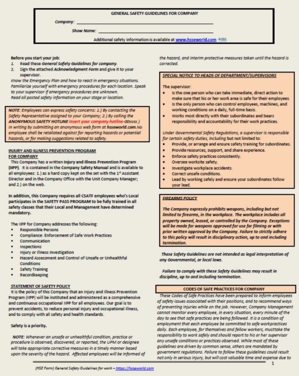 General Safety Guidelines and Employee Acknowledgment form