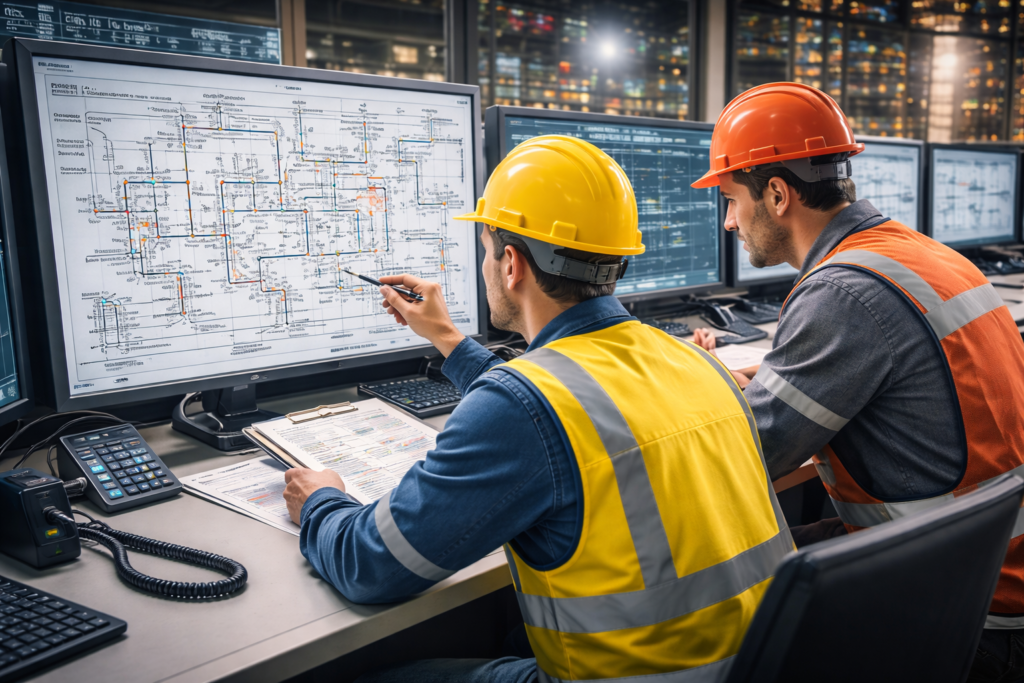 Operator reviewing process safety documents in industrial plant